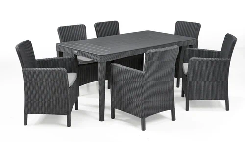 סט מערכת ישיבה שולחן + 6 כורסאות עם טקסטורה דמויית ראטן מבית כתר פלסטיק דגם ג’ירונה
